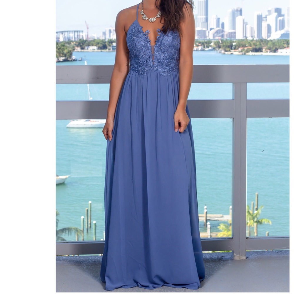 Slate Blue maxi dress with criss cross back